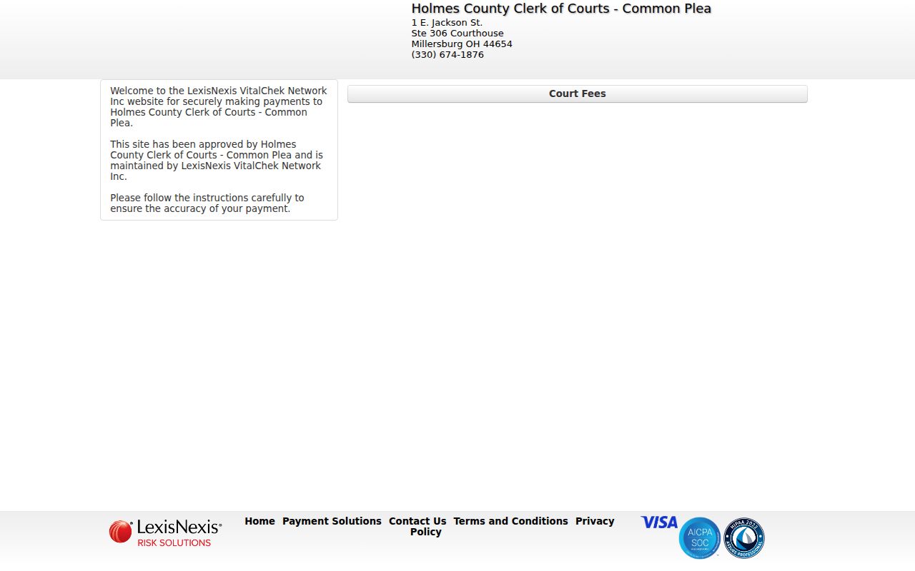 Holmes County civil docket source showing Clerk-linked Common Pleas payment interface