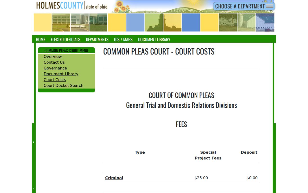 Holmes County civil docket source showing Common Pleas civil filing cost table