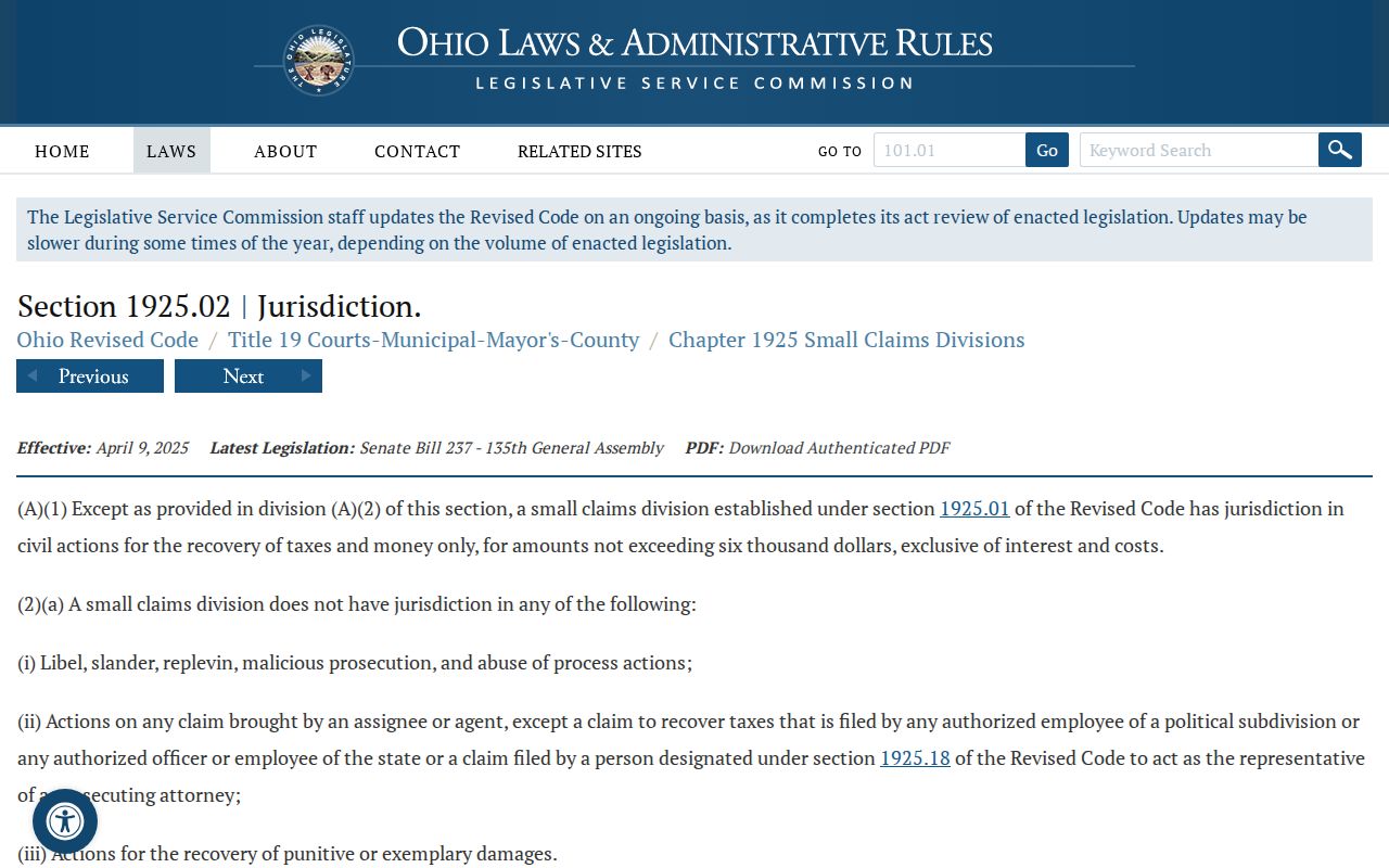 Holmes County civil docket source for Ohio small-claims monetary ceiling