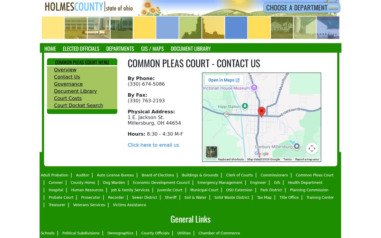 Holmes County court calendar contact details for Common Pleas hearings