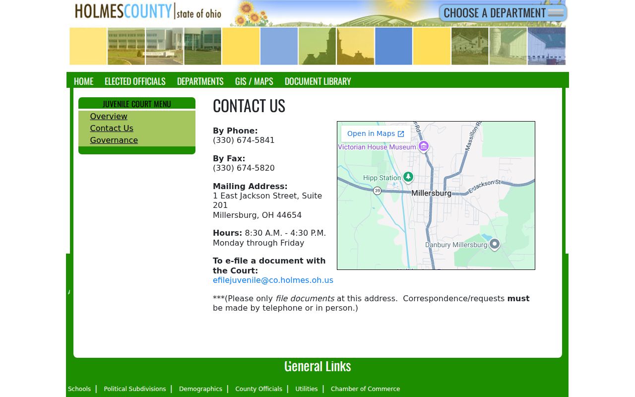 Holmes County court calendar contact information for the Juvenile Court division