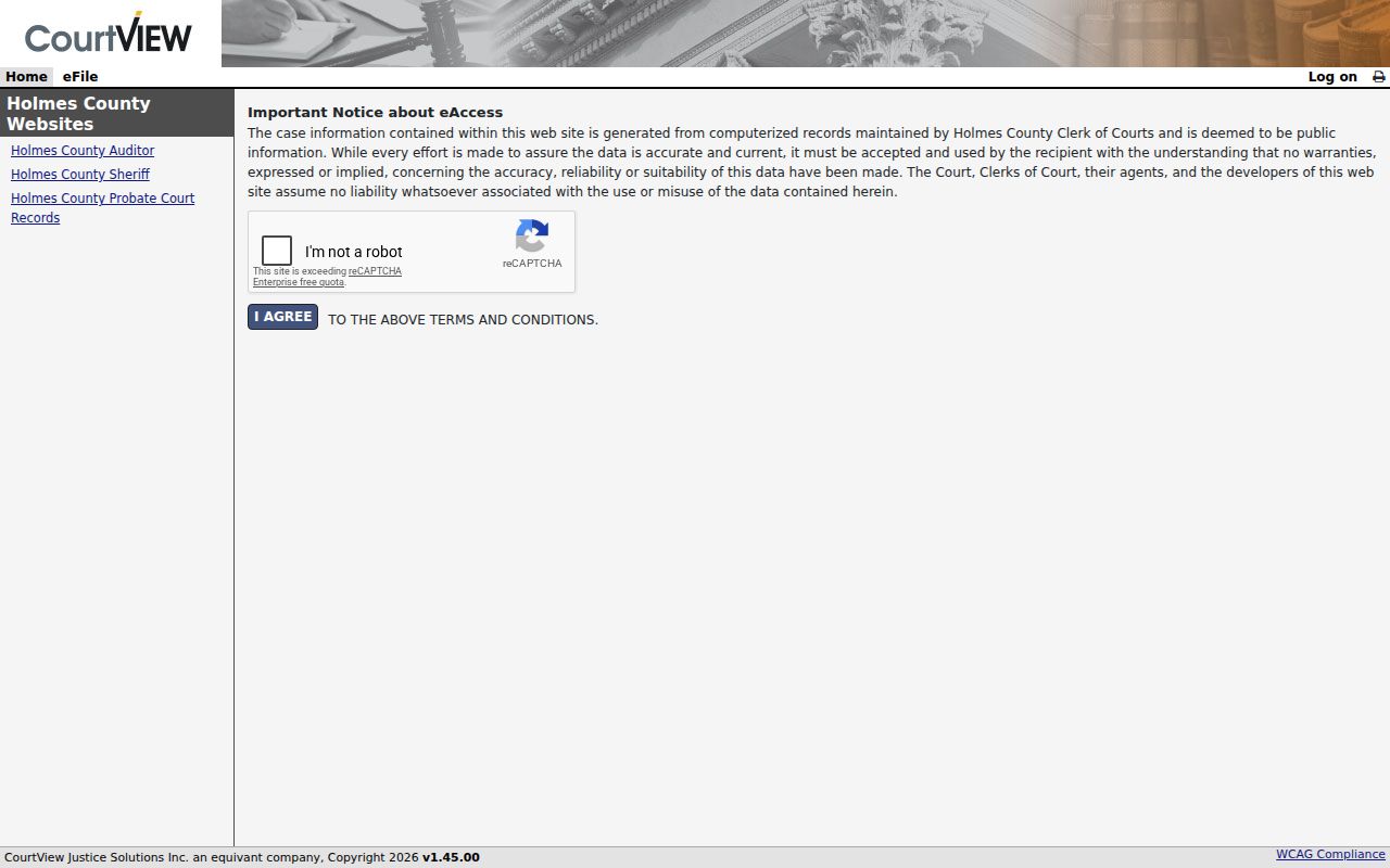 Holmes County court docket eServices entry screen